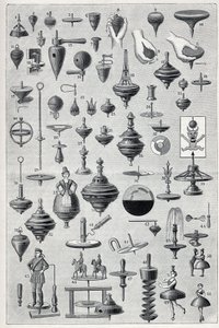 Tafel zeigt eine Sammlung von Spindeln mit verschiedenen Formen und Rotationssystemen. Gravur in „La Nature“ von Unknown artist