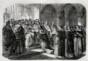 Papst Adrian II. (792-872) übergab einem seiner Legaten eine Exkommunikationsbulle gegen Lord Normand. Gravur - in „Geschichte der Päpste“, sd. 19. Jahrhundert