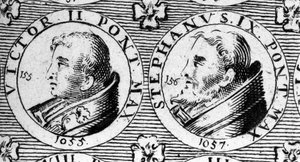 Päpste Viktor II. (gestorben 1057) und Stephan IX. (gestorben 1058). Gravur aus dem 18. Jahrhundert von Unknown artist