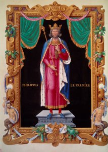 Ganzkörperporträt des Königs von Frankreich Philipp I. (1052-1108). Miniatur in „Recueil des rois de France“ von Jean du Tillet