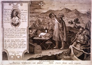 Porträt von Amerigo Vespucci (1454 - 1512), italienischer Navigator, dargestellt bei der Benutzung eines Astrolabiums. In einem Kasten links ist ein Porträt von Dante Alighieri sowie ein Auszug aus dem ersten Gesang des Purgatoriums der Göttlichen Komödie. von Unknown artist