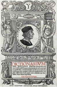 Porträt von Antonio Martinez de Cala genannt Antonio de Nebrija (1441-1522) spanischer Humanist und Grammatiker. Schutzseite seines Wörterbuchs, veröffentlicht 1536. Nationalbibliothek von Madrid.