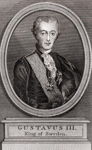 Porträt von Gustav III. (1746-1792), König von Schweden von 1771 bis 1792. Gravur von 1787. Sammlung „Soldaten von einst“
