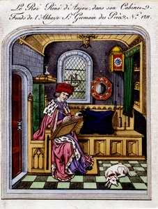 Porträt von König René von Anjou (1409-1480), auch René I. von Neapel oder René von Sizilien genannt, in seinem Kabinett - Gravur nach einer Miniatur von Unknown artist