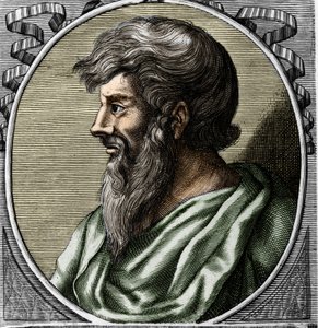 Porträt von Pythagoras (ca. 570 - ca. 480 v. Chr.), griechischer Mathematiker und Philosoph. Gravur aus dem 18. Jahrhundert