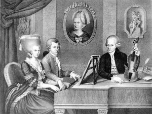 Porträt von Wolfgang Amadeus Mozart (1756 - 1791) zwischen seinem Vater und seiner Mutter. Lithographie des 19. Jahrhunderts.