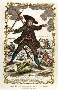 Porträt des französischen Banditen Louis Mandrin (ca. 1725-1755). Hinter ihm, Autuns Aktion und Baunes Kampf. Gravur des 18. Jahrhunderts. Private Sammlung