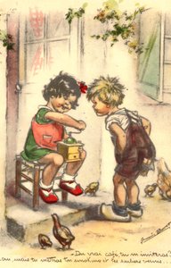 Postkarte, Kitsch, zwei Kinder mit einer Kaffeemühle, Mädchen und Junge von Unknown artist