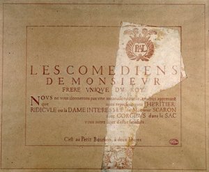 Plakat der Theatergesellschaft „Les comediens de Monsieur“, das die Aufführung von Paul Scarrons „L