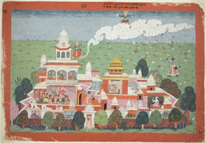 Pradyumna betritt den Palast des Dämons Sambar und fordert ihn zum Kampf heraus, Seite aus einem verstreuten Bhagavata Purana Manuskript