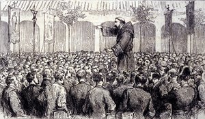 Predigt eines Kapuzinermönchs an die Pilger, die nach Lourdes in die Hohen Pyrenäen kamen, wo die Jungfrau Maria 1858 Bernadette Soubirous (1844-1879) erschien, heute ein Wallfahrtsort. Gravur von 1877