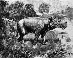 Urgeschichte: Darstellung eines vierhörnigen Uintatherium-Dinosauriers