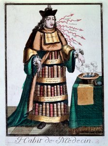 Beruf: Die Kleidung des Arztes. Ein Mann, der die Bücher von Galen und Avicenna trägt, zeigt auf ein Becken mit einer Flüssigkeit, ein Rezept und nennt Behandlungen von Unknown artist