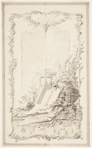 Projekt für Buchillustration; ein Panel mit Attributen der Wissenschaften und eines Helden von Unknown artist