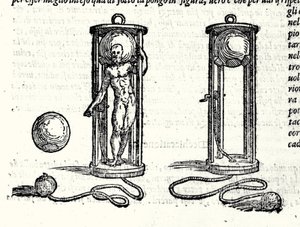Projekt des ersten Tauchanzugs von Nicoli Fontana, bekannt als Tartaglia (1499 - 1557) im Jahr 1551. Gravur 16. Jahrhundert. von Unknown artist