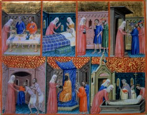 Psalm 88: Nächstenliebe. Frau bedient zwei Arme am Tisch, besucht einen Kranken, gibt zwei Gefangenen zu trinken, empfängt Reisende, gibt Kleidung, kauft Gefangene und begräbt einen Toten. Miniatur im 