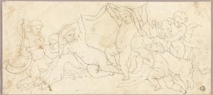 Putti spielen mit Hirsch und Hund