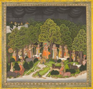 Radha und Krishna treffen sich im Wald während eines Sturms