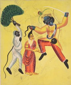 Rama und Hanuman, der einen entwurzelten Baum hält, retten Sita (recto)