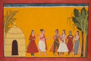 Rama und Sita werden zum Priester gebracht, um das Hochzeitsdatum festzulegen; Seite aus dem Ramayana (Geschichten von Gott Rama) von Unknown artist