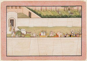Ramas Brüder Bharata und Shatrughna verlassen Ayodhya, um Rama und Lakshmana im Wald zu finden und ihnen vom Tod ihres Vaters Dasharatha zu berichten von Unknown artist