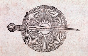Darstellung eines Kometen als Schwert, das den Himmel durchbohrt (Gravur)