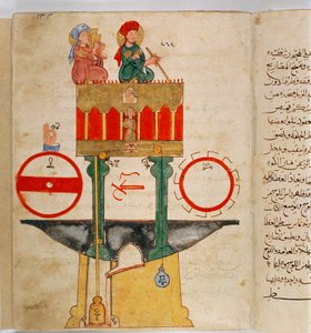 Darstellung eines Instruments, entworfen vom türkischen Ingenieur Ibn al-Rajjaj al-Jazari (1136-1206) zur Messung der Blutmenge. Erfindung entworfen von türkischem Ingenieur Ibn al-Rajjaj al-Jazari um 1203.