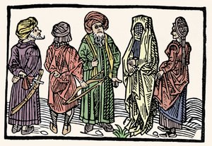 Darstellung von Buchweizen. Männer mit Armen mit verschlungenen Köpfen und verschleierte Frauen. Xylographie aus dem 15. Jahrhundert von Unknown artist