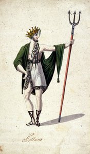Darstellung des römischen Gottes Neptun mit einem Dreizack (identifiziert mit dem griechischen Poseidon). Aquarell des 18. Jahrhunderts