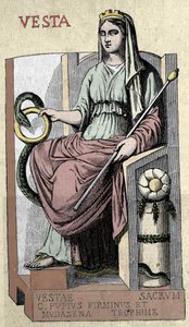 Darstellung der römischen Göttin Vesta, Göttin der Penaten (gleichgesetzt mit Hestia), ist die Göttin des Herdes, des Landes und des Brotes.