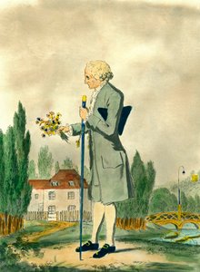 Darstellung des Schweizer Philosophen Jean Jacques Rousseau (1712-1778) beim Blumenpflücken in Ermenonville. Stich des 18. Jahrhunderts. Privatsammlung von Unknown artist