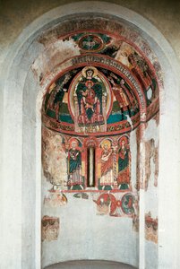 Darstellung der Jungfrau und des Kindes, umgeben von den Heiligen Drei Königen. Fresko aus der zentralen Apsis der Kirche Santa Maria in Taüll. Um 1123. Barcelona. Nationalmuseum für Kunst von Katalonien