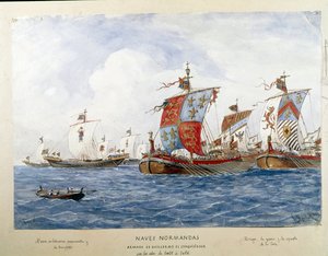 Darstellung der Flotte von Wilhelm dem Eroberer im 11. Jahrhundert, Kriegsschiffe, Handelsschiffe, Passagierschiffe