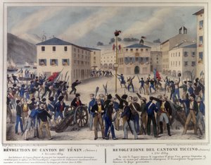 Revolution des Kantons Tessin in der Schweiz am 5. Dezember 1859. Gravur des 19. Jahrhunderts.