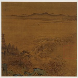 Flusslandschaft: eine Pagode, schäumende Stromschnellen, ferne Hügel