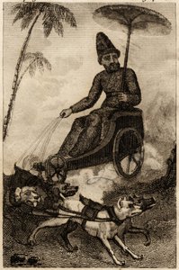 Robinson Crusoe auf seinem von sechs Hunden gezogenen Wagen, Gravur eingefügt in „Les aventures de Robinson Crusoe“ von Daniel Defoe