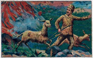Robinson entkommt einer Vulkanausbruch. Illustration für das Buch von Daniel Defoe „Robinson Crusoe“. Chromolithographie aus dem späten 19. Jahrhundert. von Unknown artist