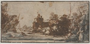Felsige Bucht mit Booten und Gebäuden (recto) von Unknown artist