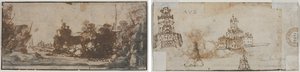 Felsige Bucht mit Booten und Gebäuden (recto); Skizzen von Burgen (verso)
