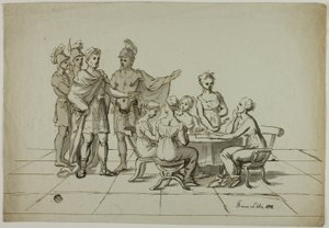 Römischer Kaiser nähert sich einer Gruppe von Frauen, die am Tisch sitzen von Unknown artist