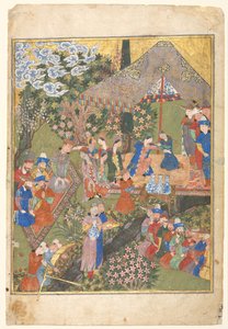 Königlicher Empfang in einer Landschaft, rechtes Folio aus einem doppelseitigen Frontispiz eines Shahnama (Buch der Könige) von Firdausi