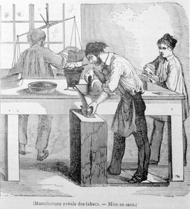 Königliche Tabakmanufaktur: der Tabaksack. Gravur des 19. Jahrhunderts