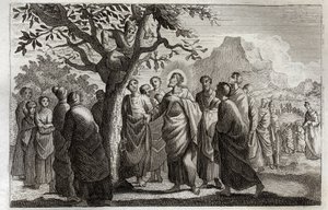 Royaumont-Bibel, Neues Testament: Bekehrung des Zachäus. Jesus Christus spricht mit Zachäus, der auf dem Maulbeerbaum sitzt. Illustration von 1811. von Unknown artist
