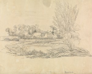 Ländliche Landschaft mit Brücke und Hütten