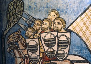 Spanien. Kastilien und León. Valladolid. Kloster San Bernardo de Valbuena. Gruppe christlicher Soldaten auf Pferden. Kastilische Schule. 14. Jahrhundert. Fresko La Reconquista. Gotische Kunst von Unknown artist