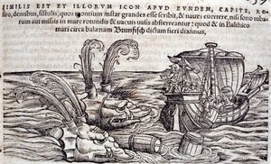 Matrosen werfen Fässer ins Meer, um Monster abzulenken. Gravur in „Historia Animalium“ von Conrad Gesner (1516-1565), Tiguri von Unknown artist