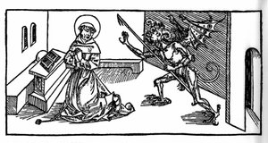 Der heilige Antonius der Große (oder der heilige Antonius der Einsiedler oder der heilige Antonius der Abt) von einem Dämon versucht. Gravur aus „Leben der Heiligen - Sommerteil“ (Das Buch der Heiligen) von Jacobus (James) von Voragine (1228-1298). Lübeck  von Unknown artist