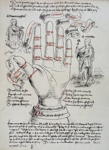 Die heilige Brigitte, mit ihren Gaben als Visionärin, wird angerufen, um das Todesdatum einer Person zu erfahren, indem sie die Linien der Hand liest. Die heilige Maria Magdalena und Martha erscheinen auf jeder Seite der Hand.