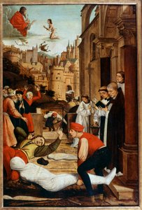 Der heilige Franziskus betet während einer Pestepidemie bei der Beerdigung von Toten. Anonymes Gemälde von Unknown artist