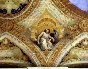 Sankt Johannes der Evangelist und der Adler, der ihn symbolisiert. Kapellendecke des unbefleckten Designs, Menton. von Unknown artist
